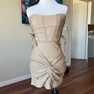 Mocha Stretch Woven Bandeau Lace Up Corset Bodycon Dress